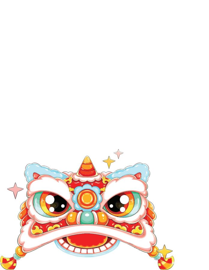 Đầu lân hoạt hình phong cách chibi màu đỏ rực rỡ, mắt to tròn, sừng nhọn, miệng cười tươi, có các chi tiết trang trí như ngôi sao và chuỗi hạt, định dạng EPS.