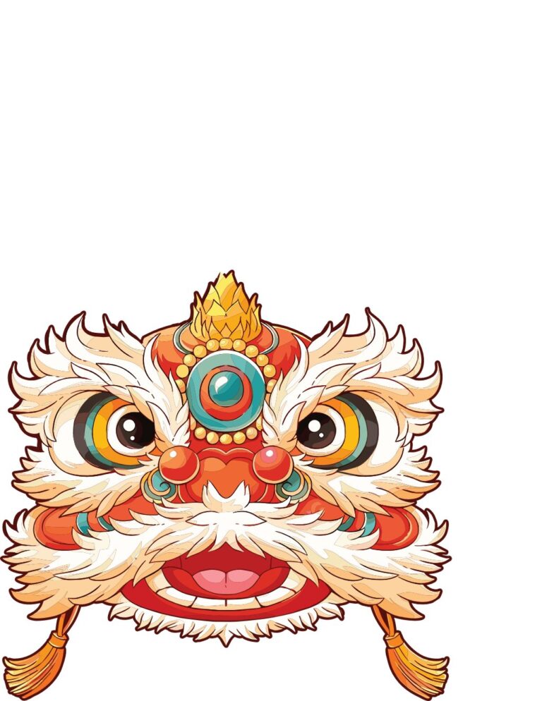 Đầu lân hoạt hình vector sắc nét, màu sắc tươi sáng, rực rỡ trên nền trắng, thích hợp cho thiết kế Tết và lễ hội.