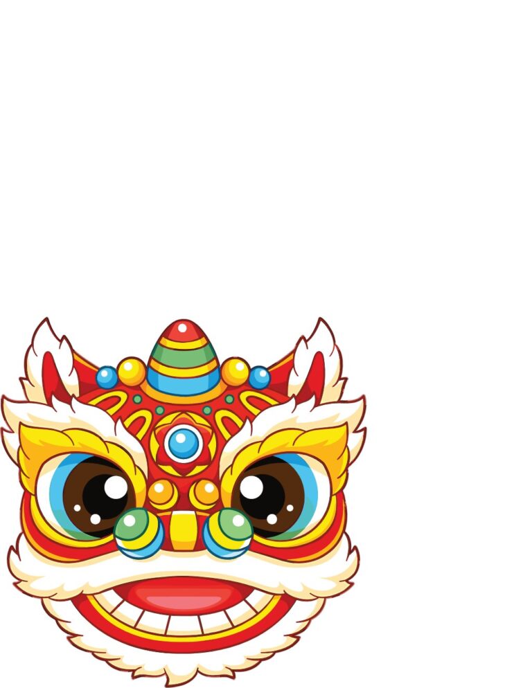 Đầu lân hoạt hình vector màu đỏ vàng xanh, phong cách 2D vui tươi, biểu tượng Tết Nguyên Đán và lễ hội truyền thống, mang lại may mắn và không khí lễ hội.