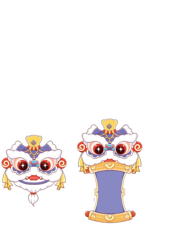 Hai đầu lân hoạt hình vector đáng yêu trên nền trắng, một đầu lân hoàn chỉnh và một đầu lân kết hợp cuộn giấy banner, với màu sắc tươi sáng tím, vàng, đỏ cam.