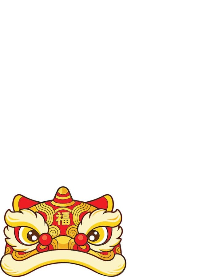 Vector đầu lân múa có chữ Phúc màu đỏ và vàng tươi sáng, phong cách hoạt hình cho thiết kế Tết Nguyên Đán