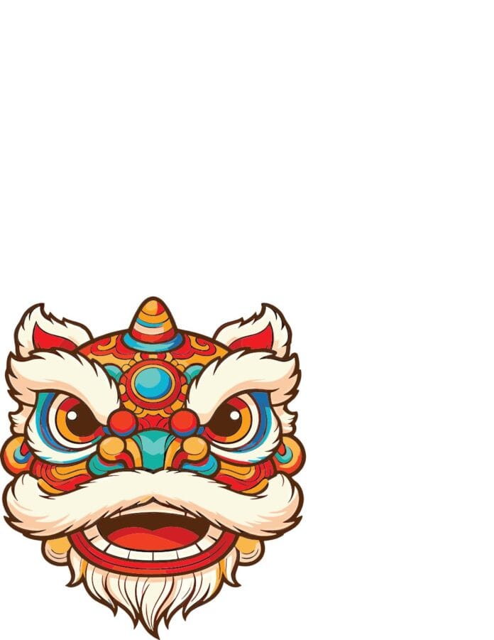 Đầu lân vector hoạt hình với màu sắc đỏ, vàng, xanh, trắng kem rực rỡ, mắt to tròn, lông mày uy nghi, miệng há rộng, ria mép và râu dày, trên nền trắng tinh khiết, mang không khí lễ hội Tết.