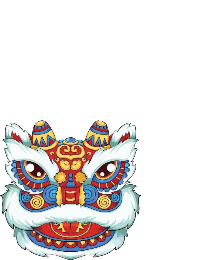 Đầu lân vector múa lân truyền thống Việt Nam màu đỏ xanh vàng trên nền trắng, file EPS chất lượng cao.