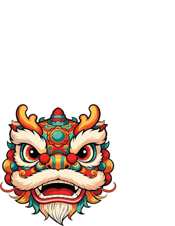 Hình ảnh vector đầu lân rực rỡ sắc màu, phong cách hiện đại cho lễ hội Tết, múa lân truyền thống.