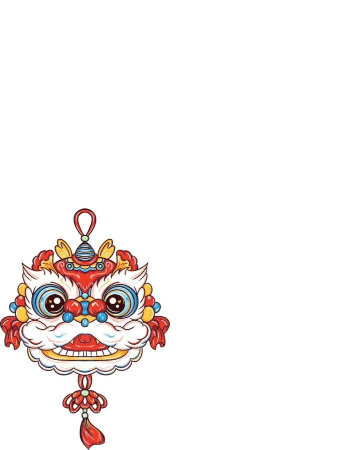 Hình ảnh vector đầu lân cách điệu màu đỏ vàng xanh, biểu tượng may mắn cho Tết Nguyên Đán trên nền trắng, với nút thắt và tua rua truyền thống.