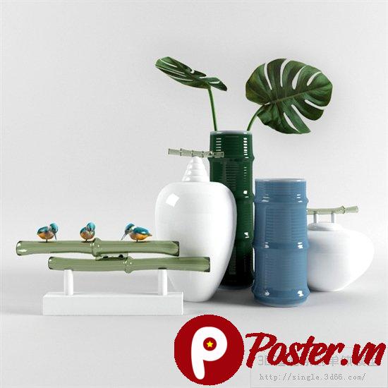 Bộ sưu tập vật phẩm trang trí nội thất phong cách Á Đông hiện đại, tối giản với bình gốm trắng, bình tre xanh, chim bồng chanh và lá trầu bà.