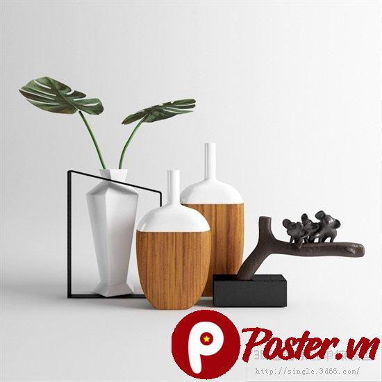 Bộ sưu tập vật phẩm decor nội thất tối giản hiện đại với lọ hoa, bình gỗ, tượng gấu trúc trên nền trắng. Phong cách Scandinavian, Modern Minimalist.