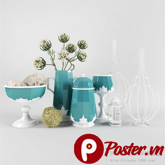 Hình ảnh decor nội thất phong cách Địa Trung Hải hiện đại với các vật dụng màu xanh ngọc trên nền trắng, bao gồm bình hoa, bát, hộp, đèn lồng và vật trang trí khung dây.