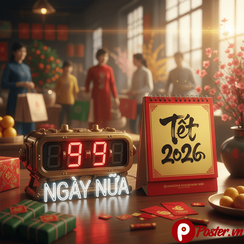 Hình ảnh đồng hồ đếm ngược số ngày, giờ, phút, giây đến Tết Nguyên Đán 2026, với phông nền là hoa mai, hoa đào và các vật phẩm trang trí Tết truyền thống Việt Nam.