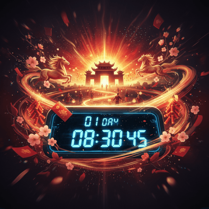 Đồng hồ đếm ngược Tết 2026 với hoa đào, hoa mai và câu đối đỏ, minh họa không khí chuẩn bị đón Xuân Bính Ngọ sôi động