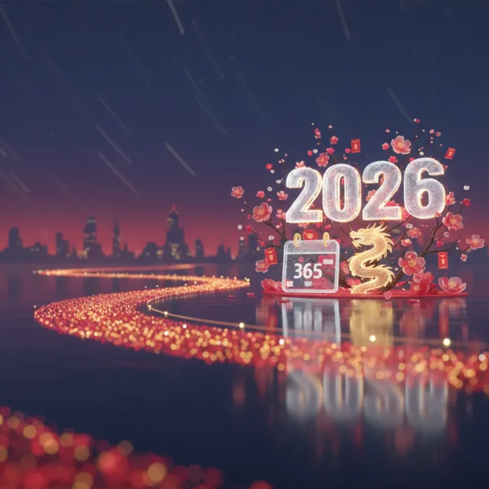 Hình ảnh đồng hồ đếm ngược hiển thị số ngày còn lại đến Tết Nguyên Đán 2026, với phông nền là hoa mai, hoa đào và các biểu tượng Tết truyền thống Việt Nam rực rỡ.