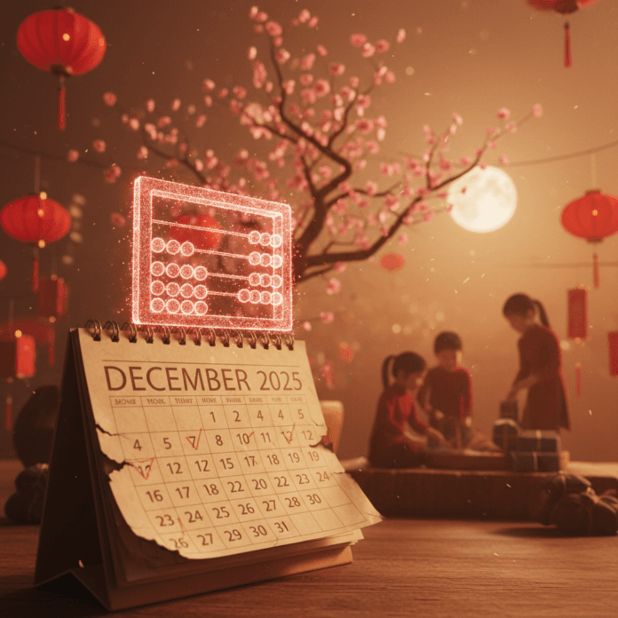 Chỉ Còn Bao Nhiêu Ngày Đến Tết 2026? Xem Ngay Ảnh minh họa đếm ngược ngày Tết Nguyên Đán 2026 với hoa mai, hoa đào, bánh chưng và câu đối đỏ, tượng trưng cho sự sum vầy và thịnh vượng.