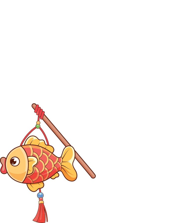 Vector đèn lồng hình con cá màu đỏ cam dễ thương, phong cách hoạt hình truyền thống, có tua rua và thanh cầm. Hình ảnh minh họa cho lễ hội Trung thu.