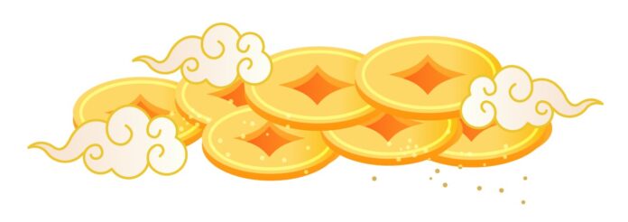 Hình ảnh đồng tiền vàng hoạt hình và mây cát tường, biểu tượng may mắn thịnh vượng cho thiết kế Tết và các dịp lễ hội.
