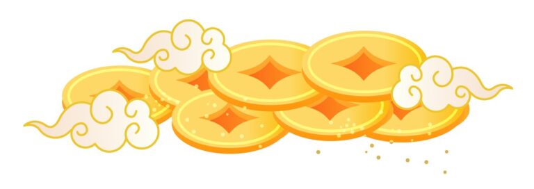 Hình ảnh đồng tiền vàng hoạt hình và mây cát tường, biểu tượng may mắn thịnh vượng cho thiết kế Tết và các dịp lễ hội.