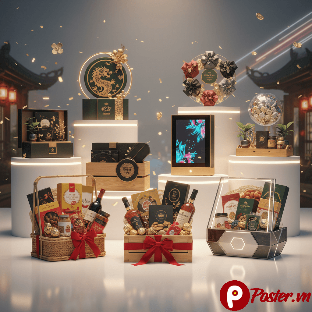Bộ sưu tập mockup giỏ quà Tết sang trọng và ảnh quà Tết 2026 đẹp mắt, đa dạng phong cách, phù hợp quảng bá sản phẩm dịp Tết.