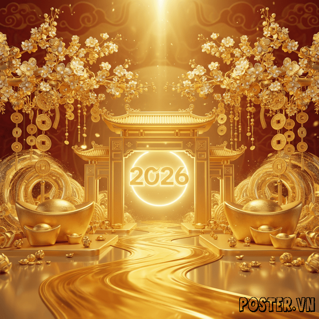 Tuyển chọn các mẫu background Tết vàng sang trọng và tài lộc nhất cho năm 2026, với họa tiết hoa mai, đồng tiền vàng và hiệu ứng ánh sáng lung linh.