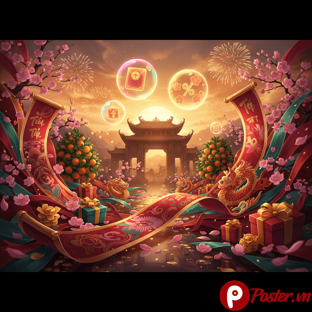 Hình ảnh minh họa banner Tết 2026 với sắc đỏ, vàng truyền thống kết hợp yếu tố hiện đại, biểu tượng may mắn và lời chúc mừng năm mới.
