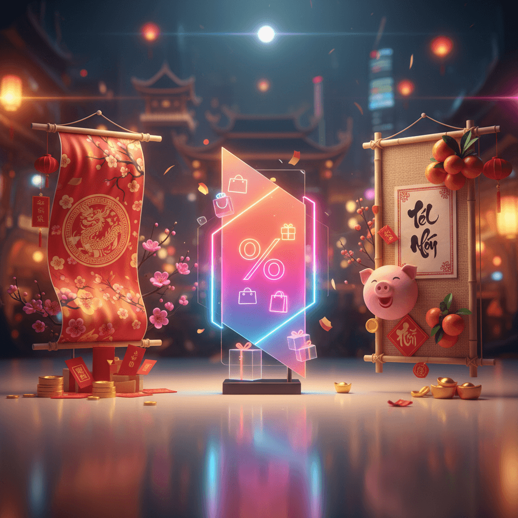 Banner Tết 2026 với hình ảnh hoa mai vàng, hoa đào đỏ, linh vật ngựa của năm, cùng chữ 'Chúc Mừng Năm Mới' rực rỡ, tượng trưng cho sự may mắn và thịnh vượng.