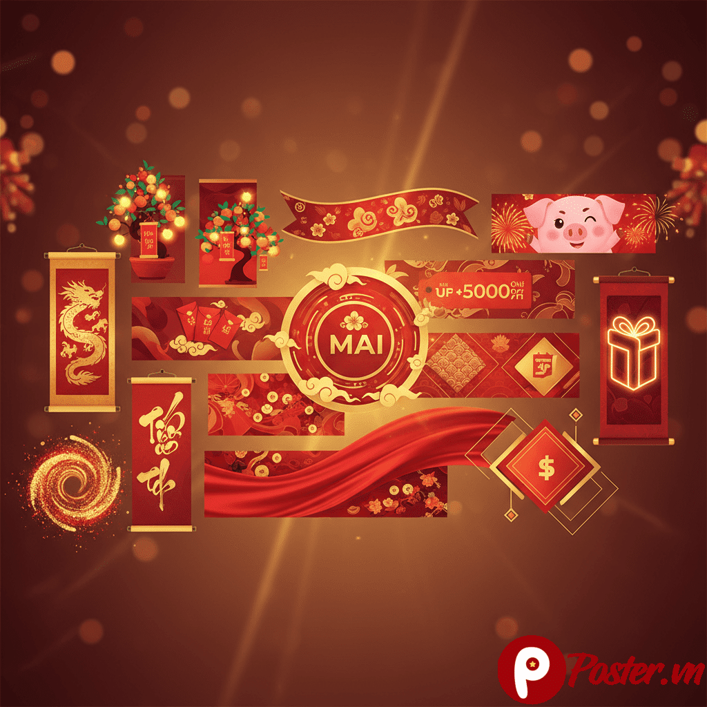 Banner Tết 2026 rực rỡ với hình ảnh hoa mai, hoa đào và linh vật của năm, cùng thông điệp chúc mừng năm mới may mắn và thịnh vượng.