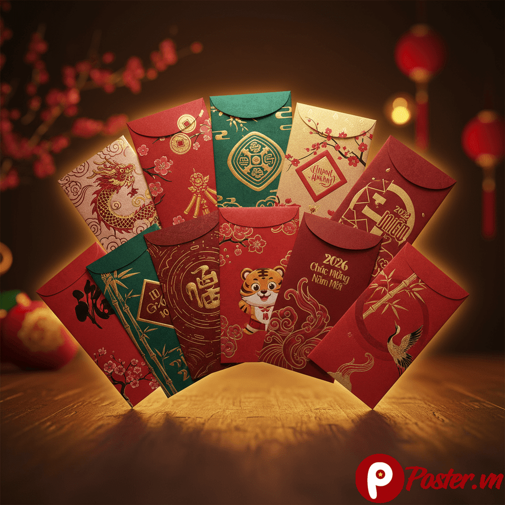 Các mẫu phong bì Tết 2026 với thiết kế hiện đại, họa tiết dân gian cách tân, màu sắc tươi sáng và câu chúc hài hước, tượng trưng cho may mắn và tài lộc.