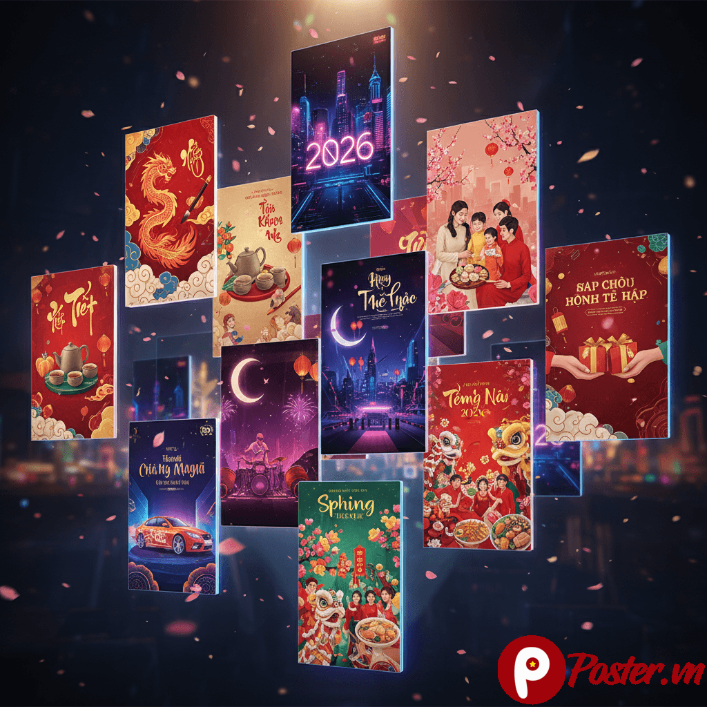 Mẫu poster Tết 2026 với hình ảnh rồng vàng cách điệu, hoa mai và pháo hoa rực rỡ, mang không khí mừng năm mới