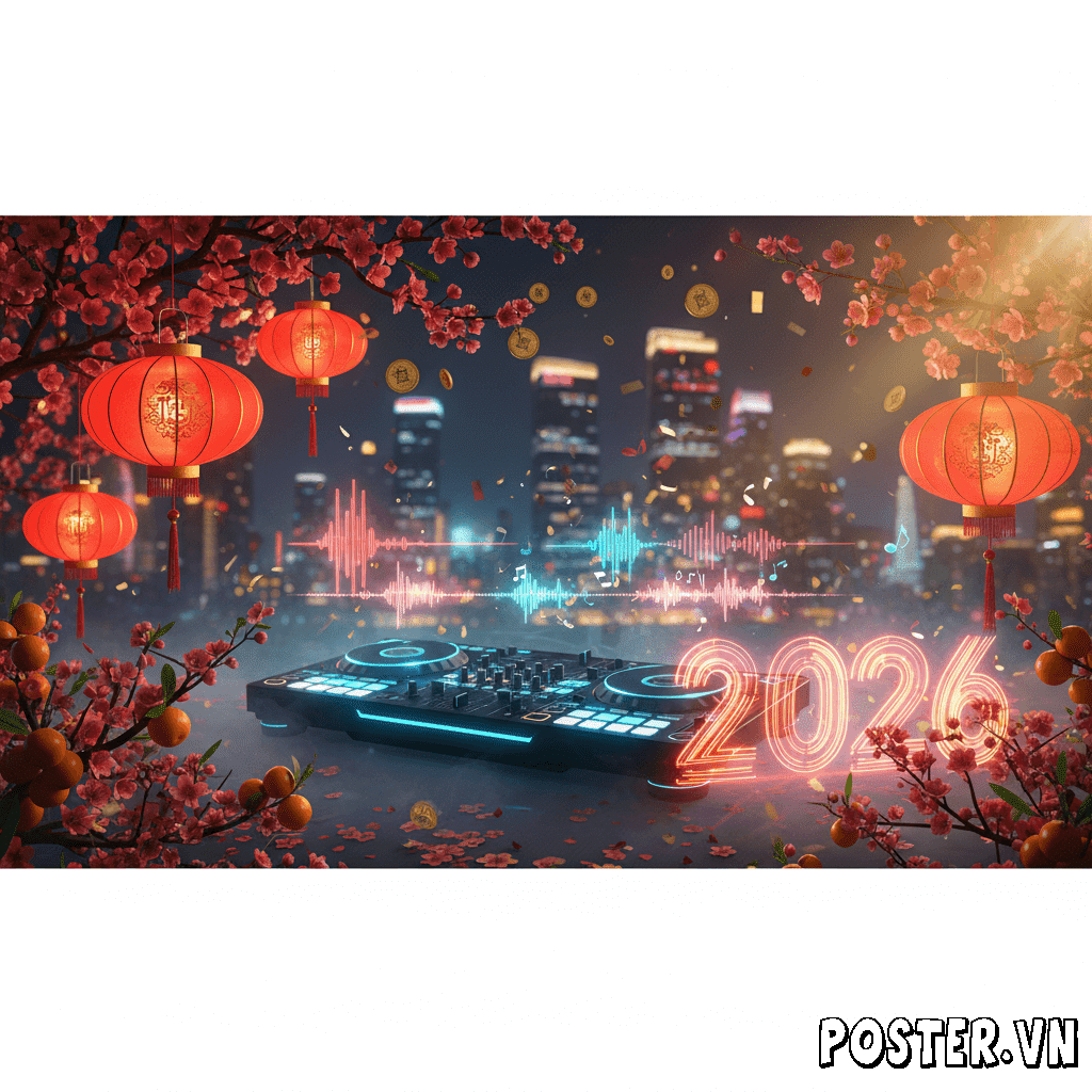Hình ảnh một chiếc loa phát nhạc nền Tết 2026 vui nhộn, bên cạnh là một màn hình máy tính hiển thị phần mềm chỉnh sửa video với các icon trang trí Tết như hoa mai, bánh chưng, bao lì xì, tạo không khí lễ hội rộn ràng.