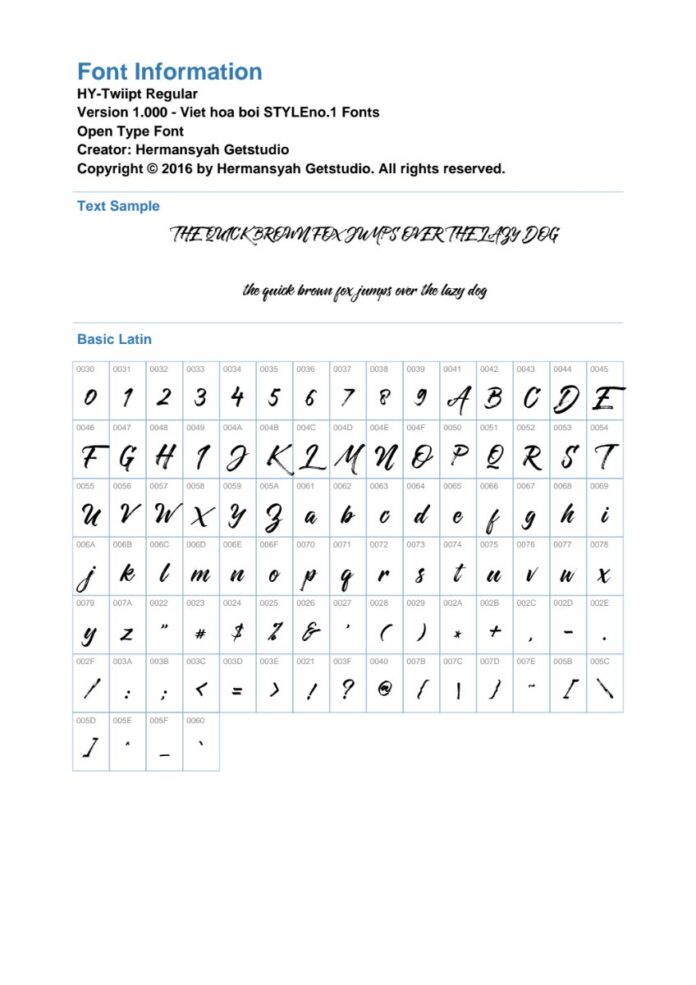 Font chữ viết tay HY-Twiipt