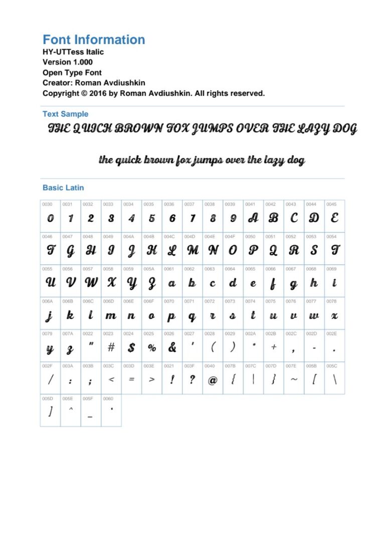 Font chữ HY-UTTess Italic