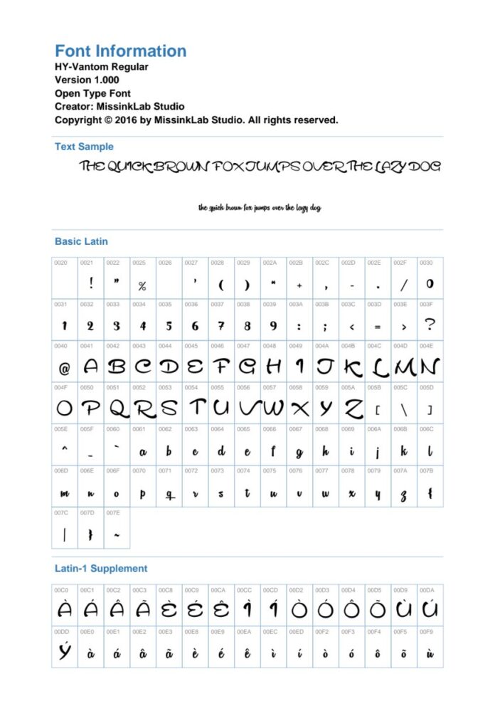 Font chữ viết tay HY-Vantom