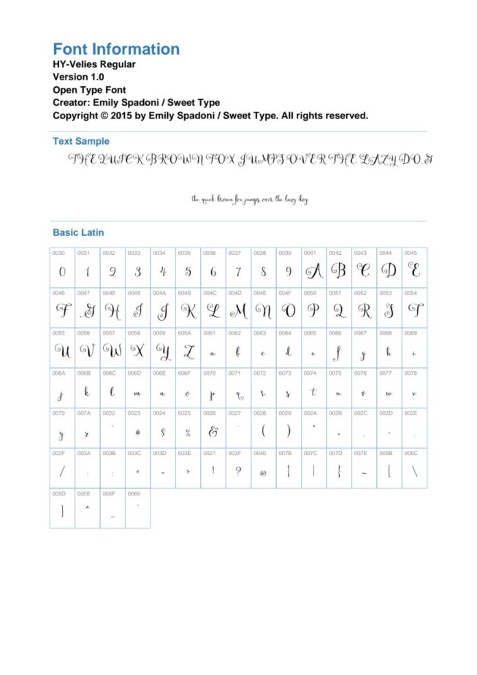 Bảng ký tự Font HY-Velies