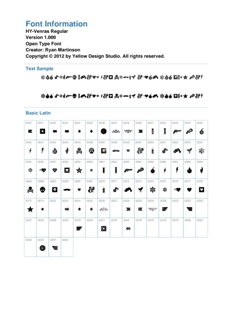 Bảng ký tự font HY-Venras