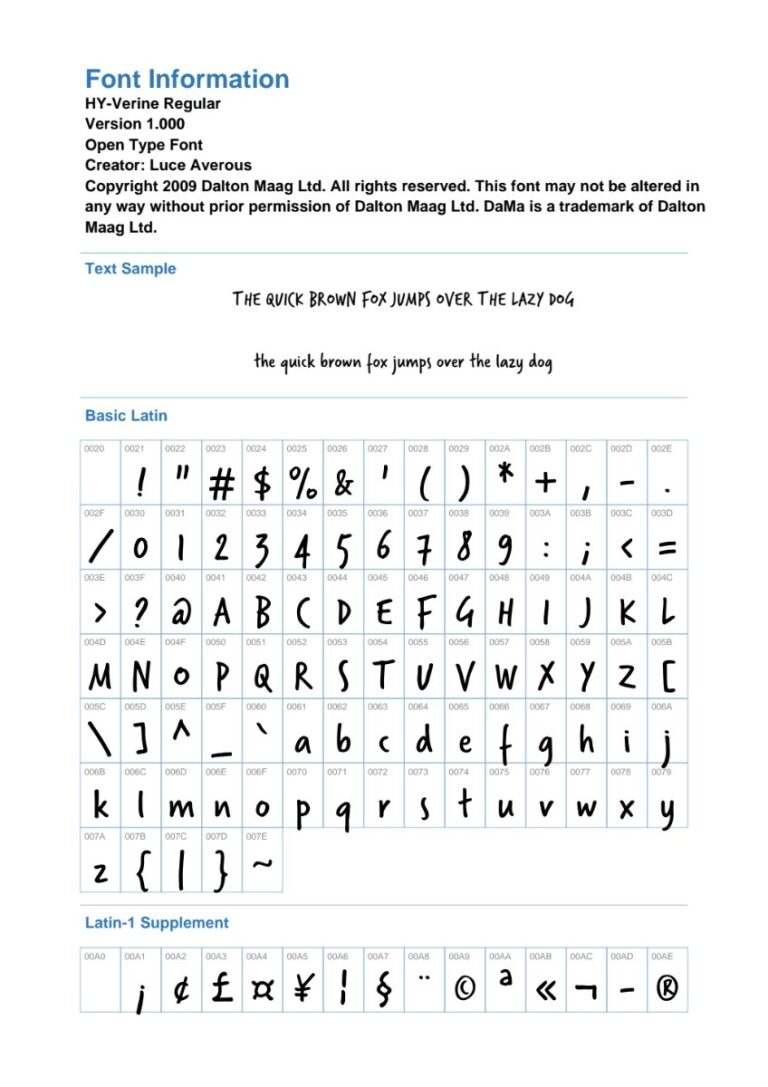 Thông tin font chữ HY-Verine