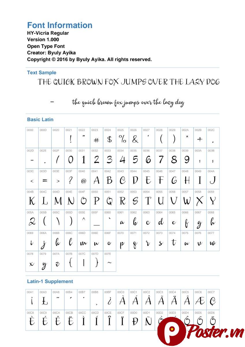 Bảng thông tin font chữ HY-Vicria