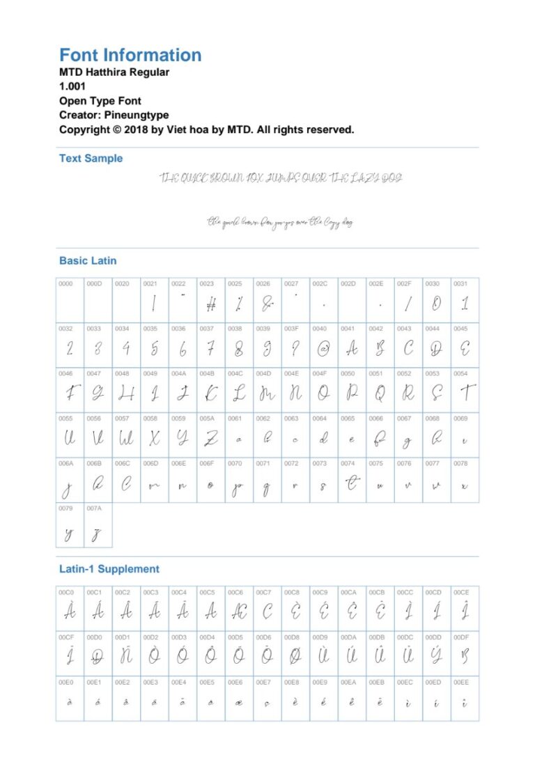 Font MTD Hatthira viết tay