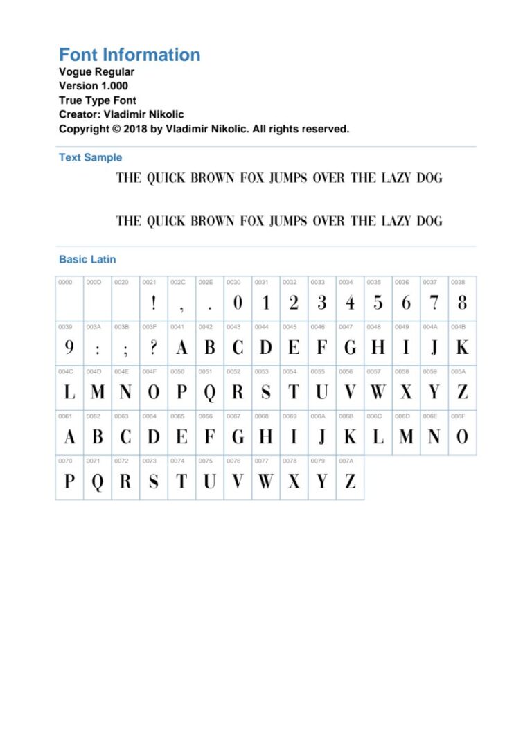 Thông tin Font Vogue Regular