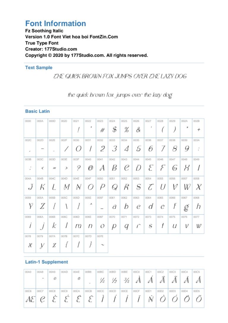 Bảng thông tin Font Fz Soothing Italic