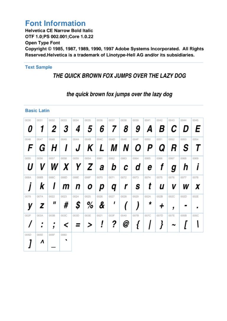 Font Helvetica CE Bold Narrow Oblique