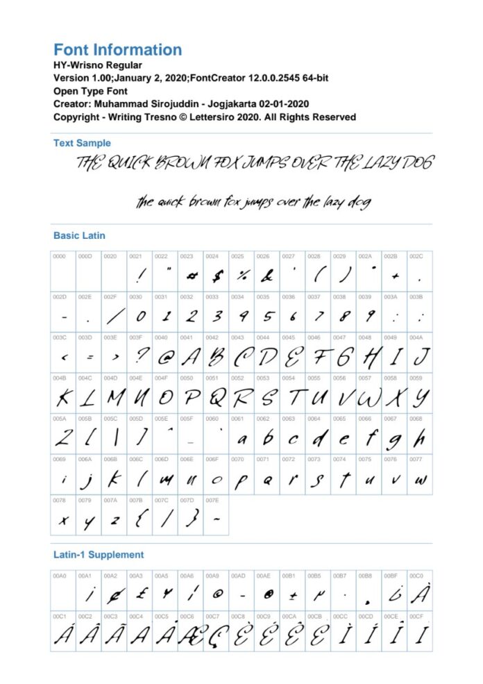 Font HY-Wrisno chữ viết tay