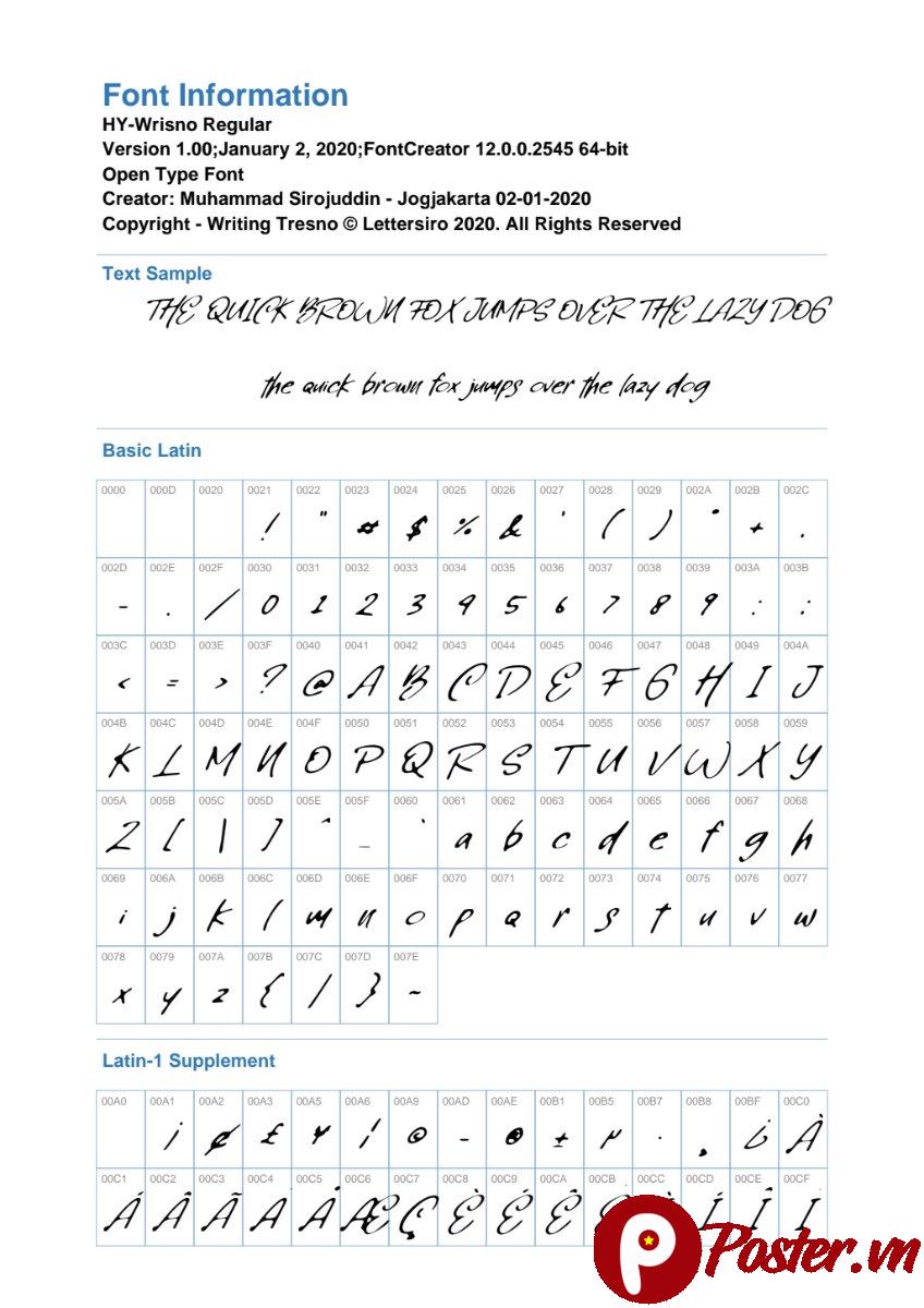 Font HY-Wrisno chữ viết tay