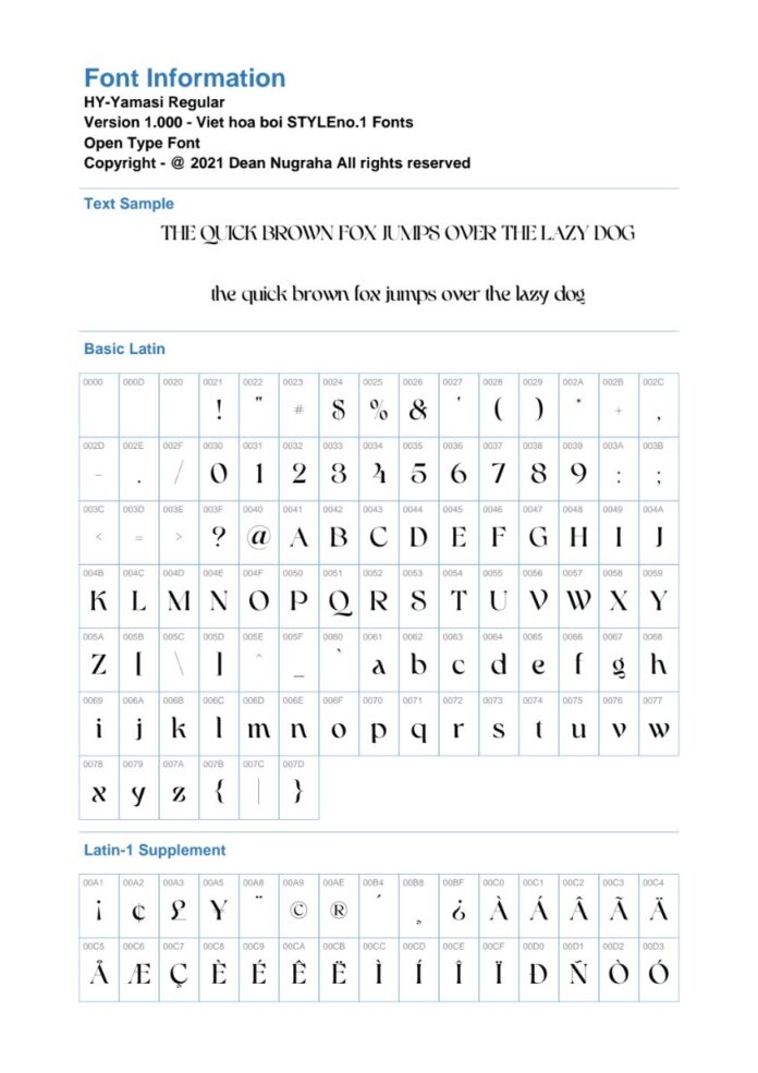 Thông tin font HY-Yamasi