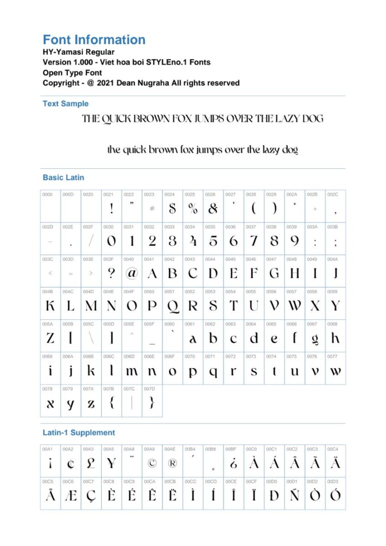 Thông tin font HY-Yamasi