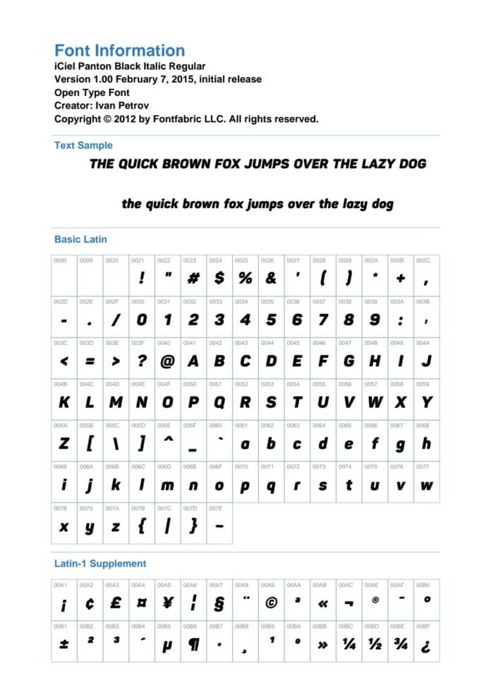 Bảng thông tin chi tiết phông chữ iCiel Panton Black Italic với các ký tự Latin cơ bản và bổ sung, mã thập lục phân và thông tin bản quyền.