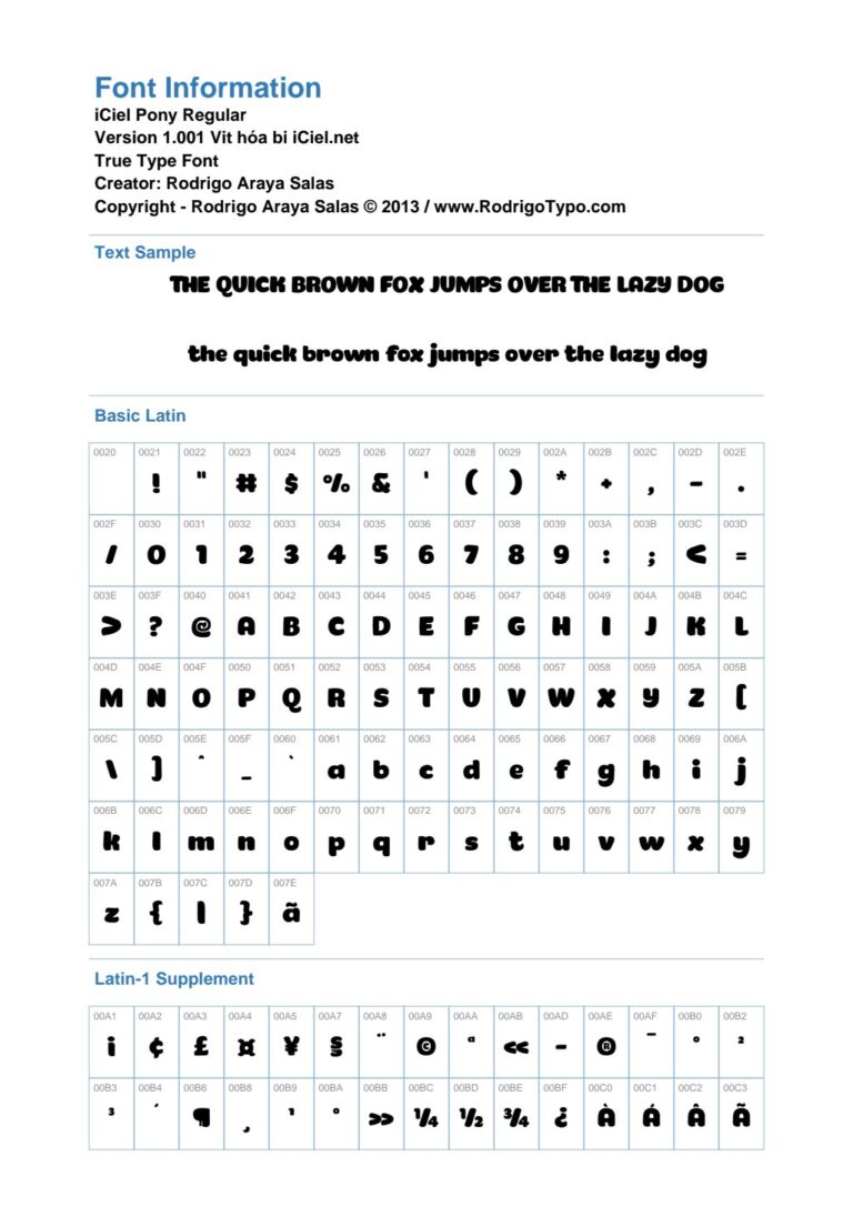 Bảng thông tin chi tiết và mẫu thử của font iCiel Pony Regular Việt hóa, hiển thị các ký tự bo tròn, hơi nghiêng.
