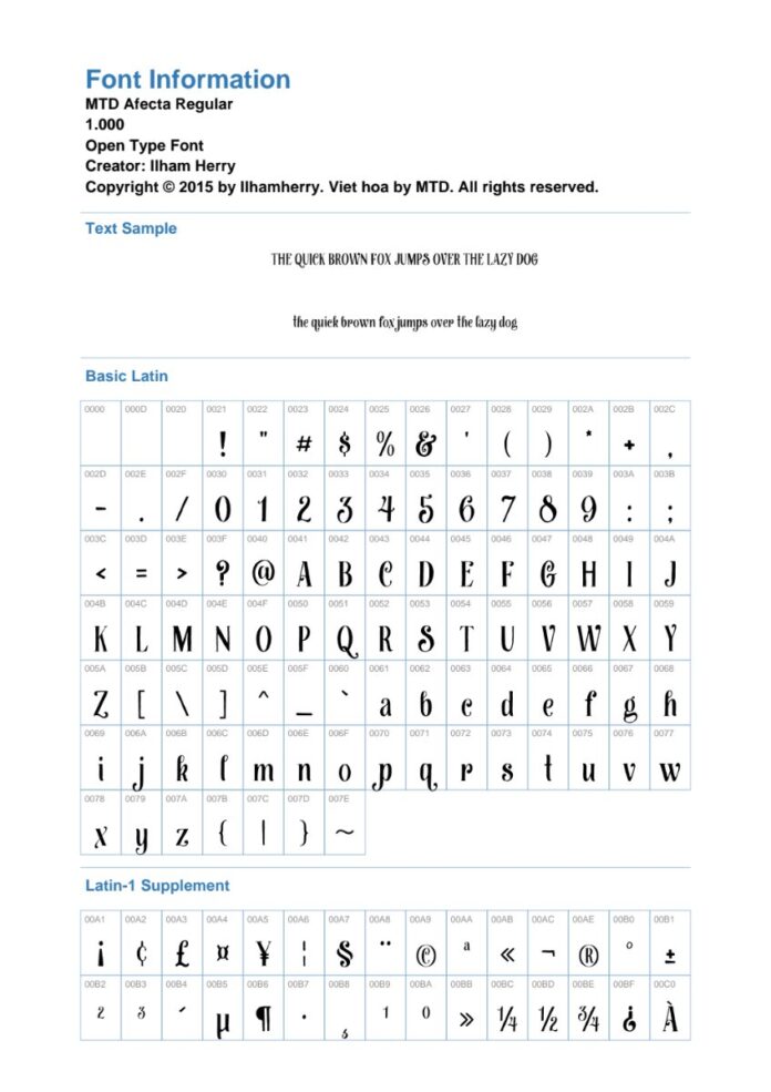 Thông tin Font MTD Afecta