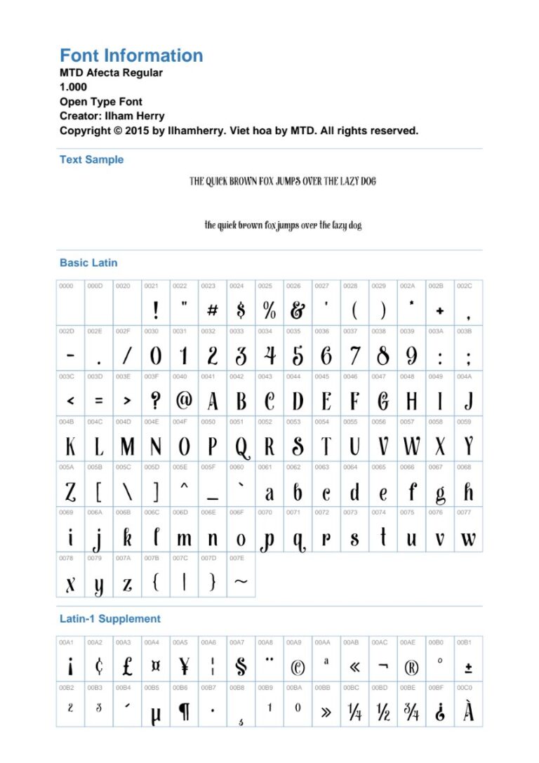 Thông tin Font MTD Afecta