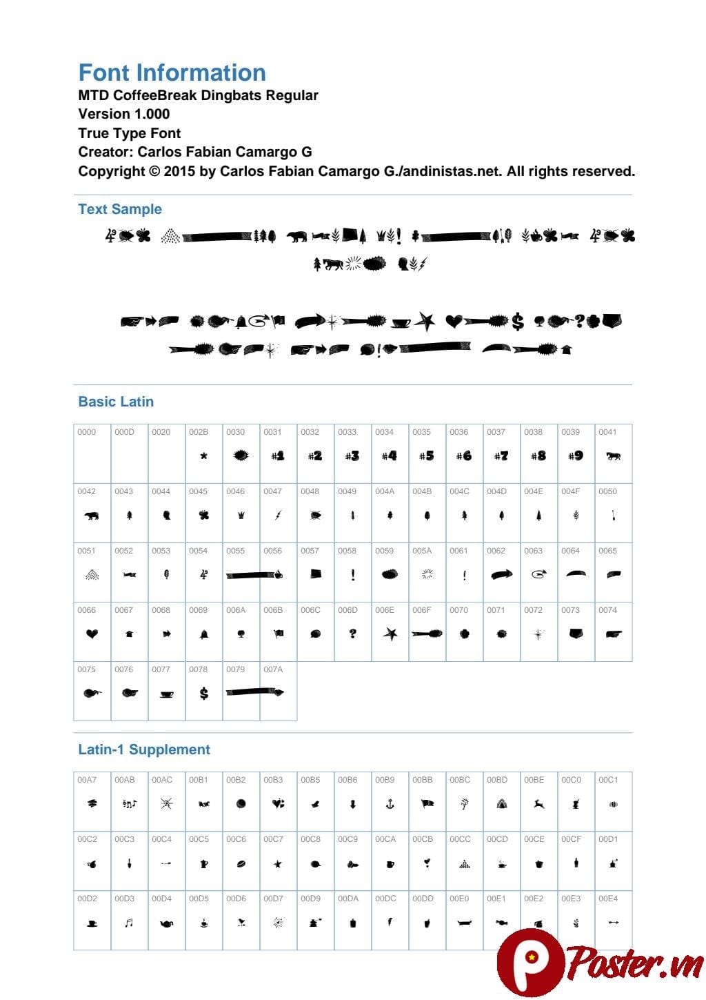 Tài liệu kỹ thuật hiển thị thông tin chi tiết và các ký tự của Font MTD CoffeeBreak Dingbats, bao gồm các biểu tượng cà phê, mũi tên, động vật và nhiều hình vẽ tay độc đáo khác trên nền trắng, với tiêu đề xanh dương nổi bật.