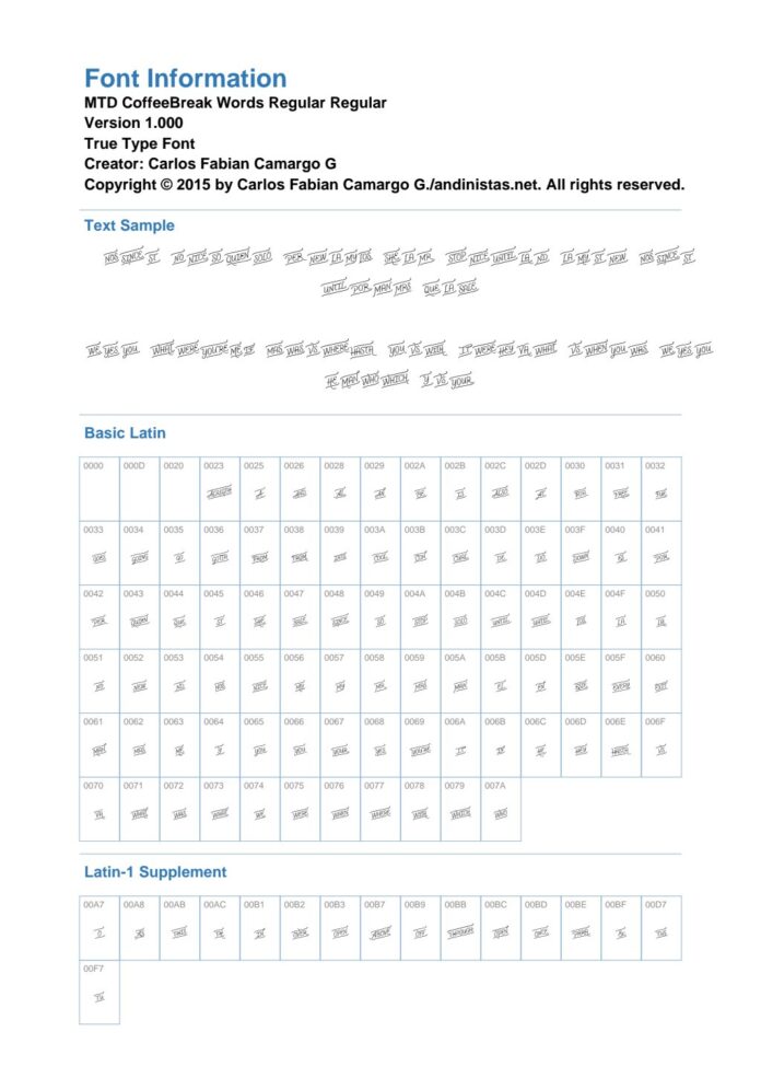 Mẫu phông chữ MTD CoffeeBreak Words Regular với nét chữ viết tay bay bổng, thư giãn trên nền trắng, nổi bật tiêu đề xanh.