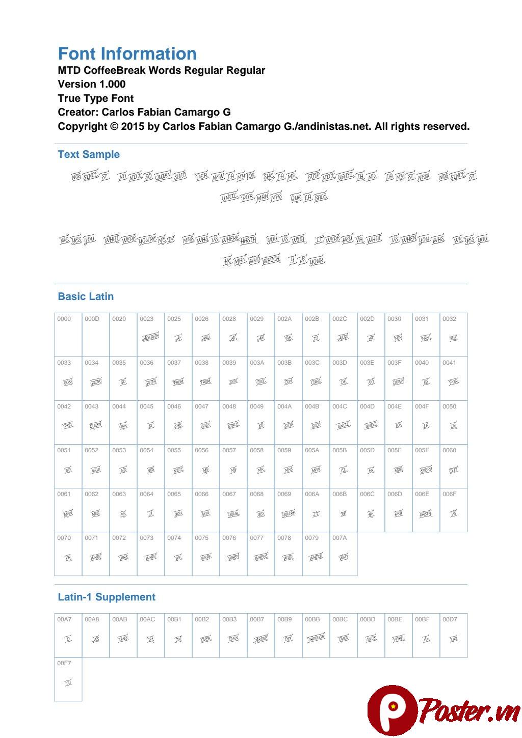 Mẫu phông chữ MTD CoffeeBreak Words Regular với nét chữ viết tay bay bổng, thư giãn trên nền trắng, nổi bật tiêu đề xanh.