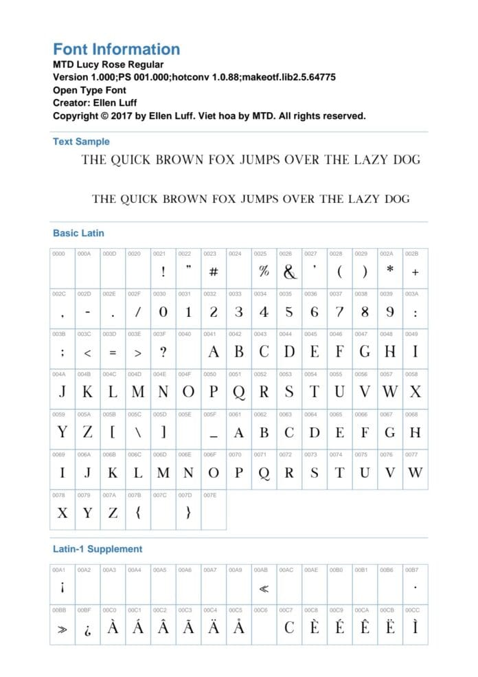 Thông tin chi tiết về font MTD Lucy Rose Regular Việt hóa, hiển thị các ký tự Latin cơ bản và Latin-1 bổ sung trên nền trắng.